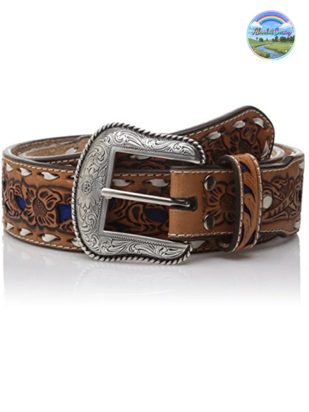 Natural Blue Wide Buckstitch Belt with Floral Embossed Strap and Removable